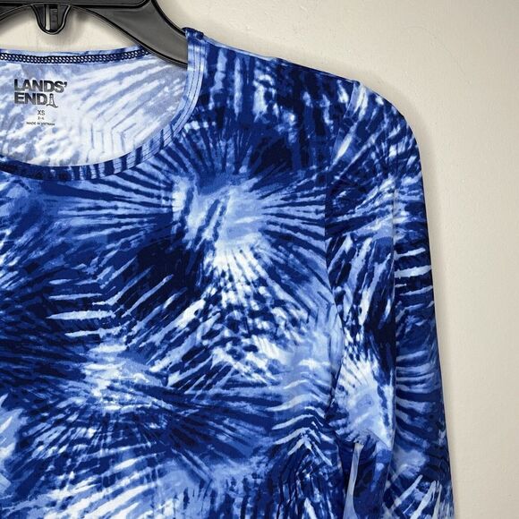 LANDS END Rash Guard Womens XS Swim Shirt NEW Blue Deep Sea Tie Dye Palm Tee - Picture 2 of 8